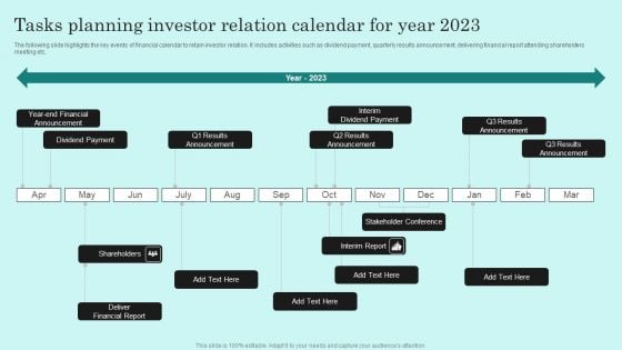 Tasks Planning Investor Relation Calendar For Year 2023 Infographics PDF