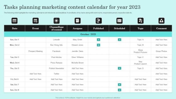 Tasks Planning Marketing Content Calendar For Year 2023 Icons PDF