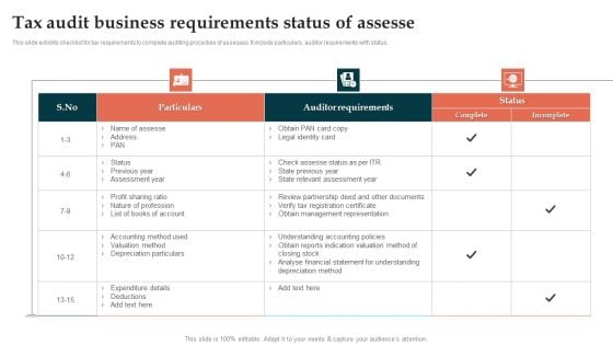 Tax Audit Business Requirements Status Of Assesse Designs PDF