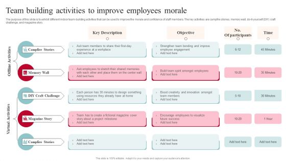 Team Building Activities To Improve Employees Morale Brochure PDF