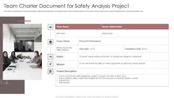 Team Charter Document For Safety Analysis Project Ppt Show Templates PDF