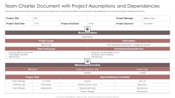 Team Charter Document With Project Assumptions And Dependencies Ppt Pictures Rules PDF