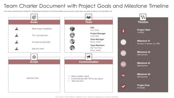 Team Charter Document With Project Goals And Milestone Timeline Ppt Slides Portrait PDF Team Charter Document With Project Goals And Milestone Timeline Ppt Slides Portrait PDF