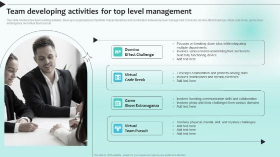 Team Developing Activities For Top Level Management Portrait PDF Team Developing Activities For Top Level Management Portrait PDF