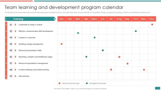 Team Learning And Development Program Calendar Building Efficient Workplace Performance Pictures PDF