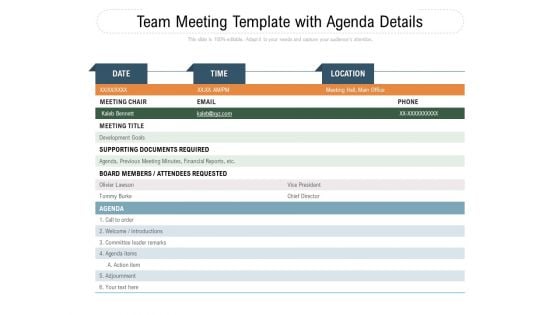 Team Meeting Template With Agenda Details Ppt PowerPoint Presentation Styles Clipart PDF