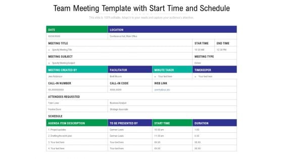 Team Meeting Template With Start Time And Schedule Ppt PowerPoint Presentation File Slide PDF