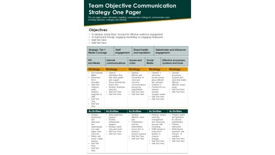 Team Objective Communication Strategy One Pager PDF Document PPT Template