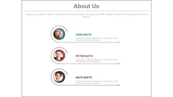 Team Profiles For About Us Slide Powerpoint Slides