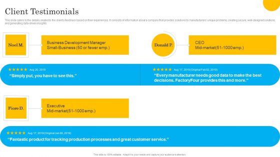 Tech Solution Company Elevator Pitch Deck Client Testimonials Summary PDF