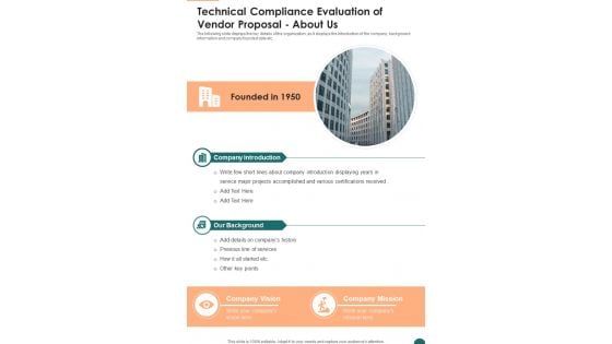 Technical Compliance Evaluation Of Vendor Proposal About Us One Pager Sample Example Document Technical Compliance Evaluation Of Vendor Proposal About Us One Pager Sample Example Document