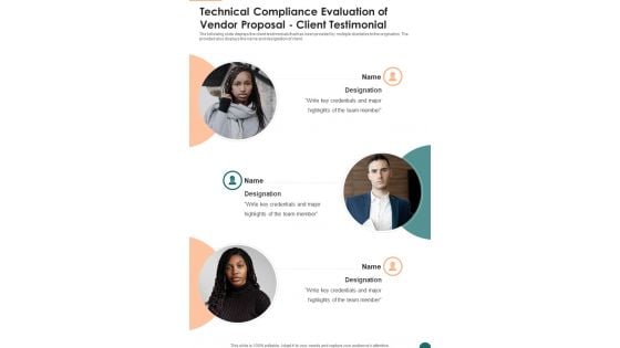Technical Compliance Evaluation Of Vendor Proposal Client Testimonial One Pager Sample Example Document Technical Compliance Evaluation Of Vendor Proposal Client Testimonial One Pager Sample Example Document