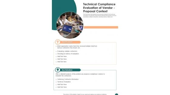 Technical Compliance Evaluation Of Vendor Proposal Context One Pager Sample Example Document Technical Compliance Evaluation Of Vendor Proposal Context One Pager Sample Example Document