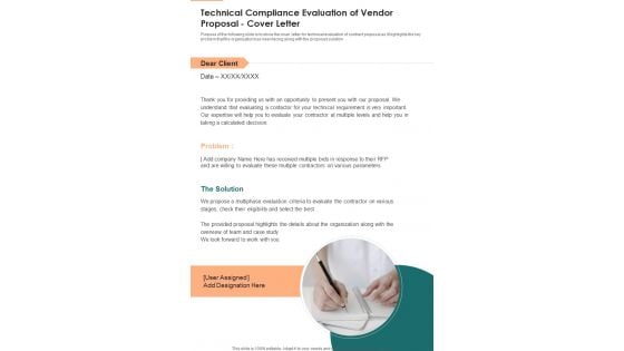 Technical Compliance Evaluation Of Vendor Proposal Cover Letter One Pager Sample Example Document