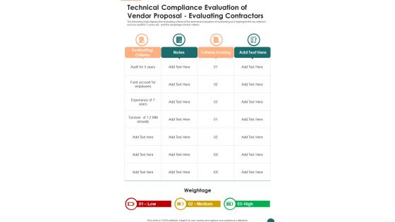 Technical Compliance Evaluation Of Vendor Proposal Evaluating Contractors One Pager Sample Example Document Technical Compliance Evaluation Of Vendor Proposal Evaluating Contractors One Pager Sample Example Document