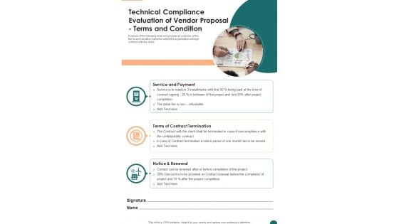 Technical Compliance Evaluation Of Vendor Proposal Terms And Condition One Pager Sample Example Document Technical Compliance Evaluation Of Vendor Proposal Terms And Condition One Pager Sample Example Document