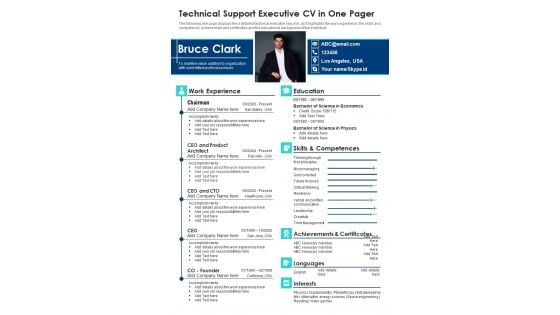 Technical Support Executive CV In One Pager PDF Document PPT Template