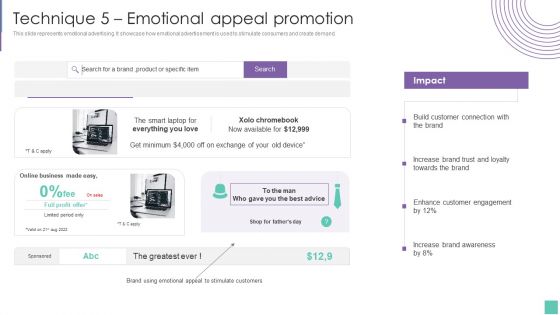 Technique 5 Emotional Appeal Promotion Introduce Promotion Plan To Enhance Sales Growth Designs PDF Technique 5 Emotional Appeal Promotion Introduce Promotion Plan To Enhance Sales Growth Designs PDF