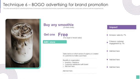 Technique 6 BOGO Advertising For Brand Promotion Introduce Promotion Plan To Enhance Sales Growth Formats PDF
