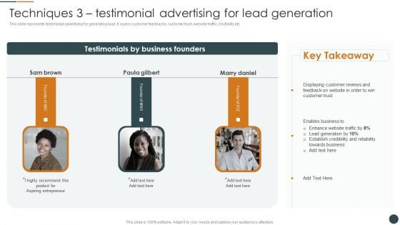 Techniques 3 Testimonial Advertising For Lead Generation Brand Promotion Techniques To Enhance Brochure PDF Techniques 3 Testimonial Advertising For Lead Generation Brand Promotion Techniques To Enhance Brochure PDF
