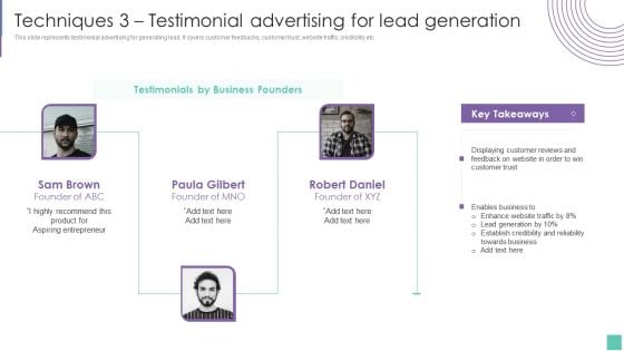 Techniques 3 Testimonial Advertising For Lead Generation Introduce Promotion Plan To Enhance Sales Growth Introduction PDF Techniques 3 Testimonial Advertising For Lead Generation Introduce Promotion Plan To Enhance Sales Growth Introduction PDF