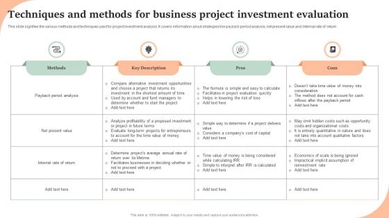 Techniques And Methods For Business Project Investment Evaluation Diagrams PDF