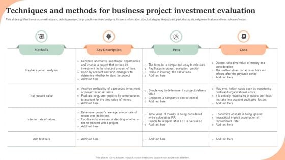 Techniques And Methods For Business Project Investment Evaluation Diagrams PDF Techniques And Methods For Business Project Investment Evaluation Diagrams PDF