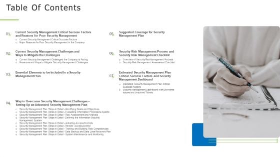 Techniques And Strategies To Reduce Security Management Risks Table Of Contents Structure PDF