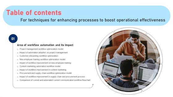 Techniques For Enhancing Processes To Boost Operational Effectiveness Table Of Contents Icons PDF