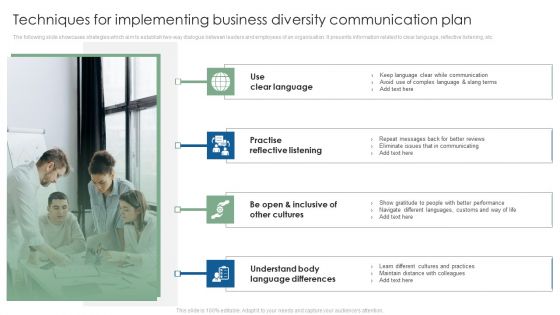 Techniques For Implementing Business Diversity Communication Plan Topics PDF