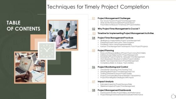 Techniques For Timely Project Completion Table Of Contents Professional PDF