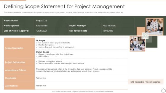 Techniques For Timely Project Defining Scope Statement For Project Management Graphics PDF