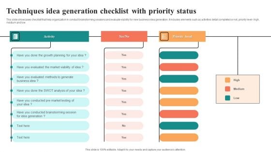 Techniques Idea Generation Checklist With Priority Status Template PDF