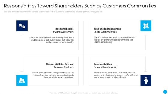 Techniques Increase Stakeholder Value Responsibilities Toward Shareholders Such As Customers Communities Inspiration PDF