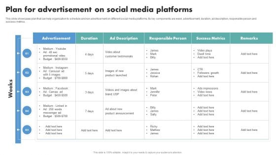 Techniques To Boost Brand Awareness Plan For Advertisement On Social Media Platforms Themes PDF