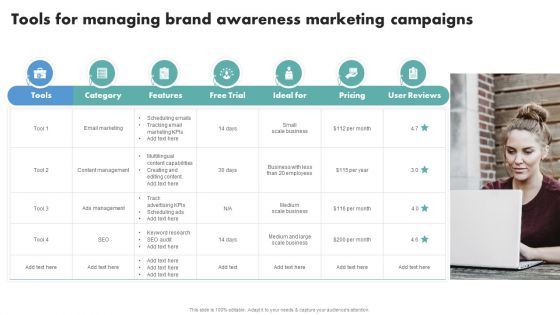 Techniques To Boost Brand Awareness Tools For Managing Brand Awareness Marketing Campaigns Formats PDF