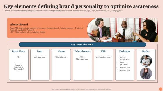 Techniques To Elevate Brand Visibility Key Elements Defining Brand Personality To Optimize Awareness Brochure PDF