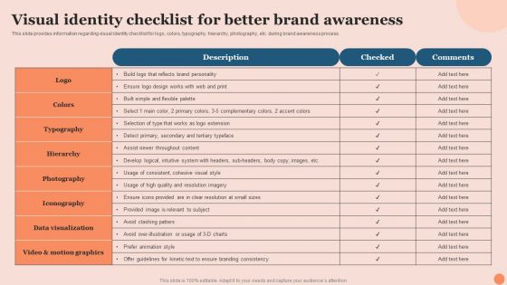 Techniques To Elevate Brand Visibility Visual Identity Checklist For Better Brand Awareness Brochure PDF