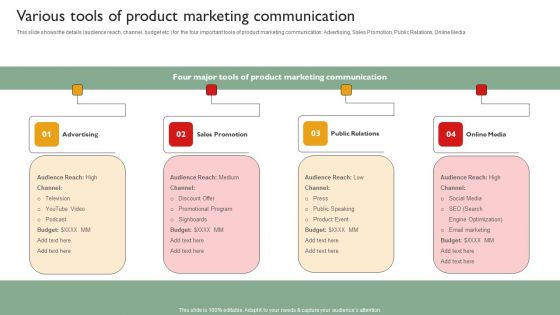 Techniques To Enhance Brand Awareness Various Tools Of Product Marketing Communication Brochure PDF