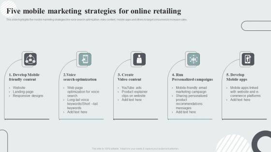 Techniques To Enhance Customer Engagement Via Digital Platforms Five Mobile Marketing Strategies For Online Retailing Slides PDF Techniques To Enhance Customer Engagement Via Digital Platforms Five Mobile Marketing Strategies For Online Retailing Slides PDF