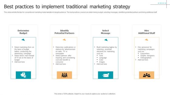 Techniques To Implement Best Practices To Implement Traditional Marketing Strategy Brochure PDF