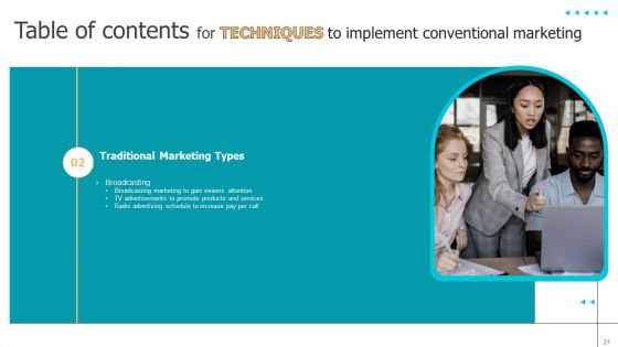 Techniques To Implement Conventional Marketing Ppt PowerPoint Presentation Complete Deck With Slides