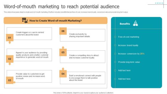 Techniques To Implement Word Of Mouth Marketing To Reach Potential Audience Graphics PDF Techniques To Implement Word Of Mouth Marketing To Reach Potential Audience Graphics PDF