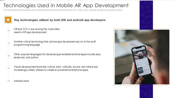 Technologies Used In Mobile AR App Development Ppt PowerPoint Presentation Icon Model PDF