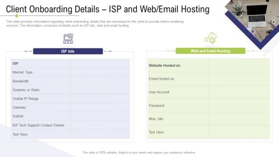 Technology Facility Maintenance And Provider Client Onboarding Details ISP And Web Email Hosting Ppt Model Elements PDF