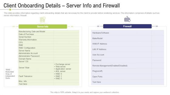 Technology Facility Maintenance And Provider Client Onboarding Details Server Info And Firewall Ppt Professional Introduction PDF