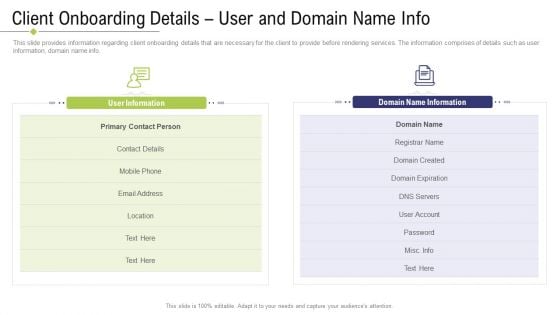 Technology Facility Maintenance And Provider Client Onboarding Details User And Domain Name Info Information PDF