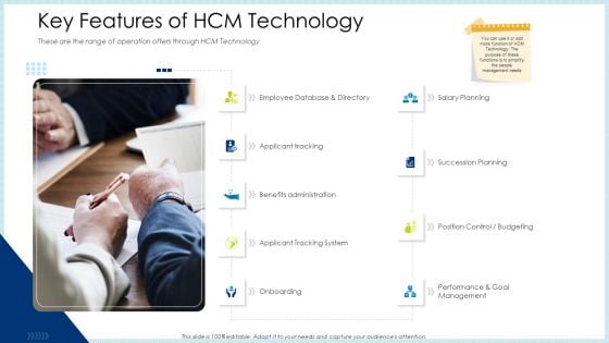 Technology Innovation Human Resource System Key Features Of HCM Technology Ppt Model Graphic Tips PDF