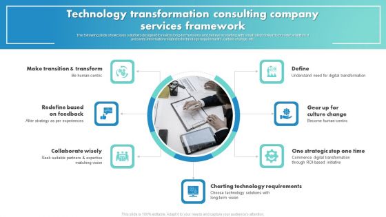 Technology Transformation Consulting Company Services Framework Icons PDF