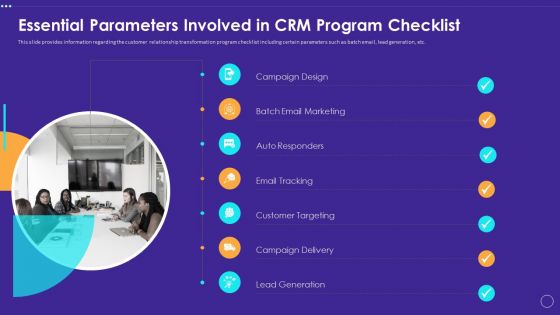 Technology Transformation Toolkit To Enhance Customer Service Essential Parameters Involved In CRM Program Checklist Slides PDF